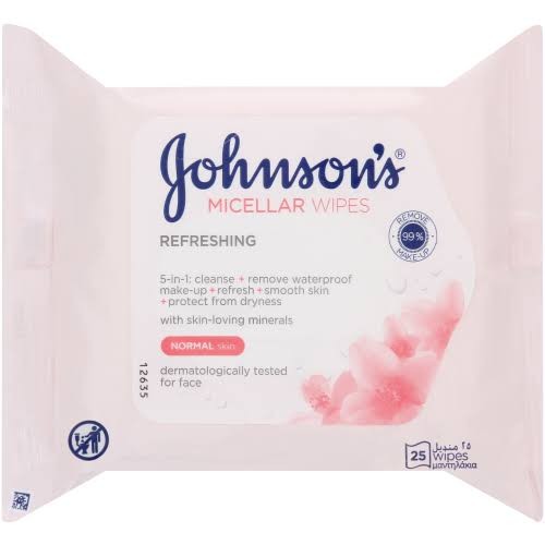 جونسون مناديل مبللة ميسيلار منظفة منعشة للبشرة العادية 25قطعة